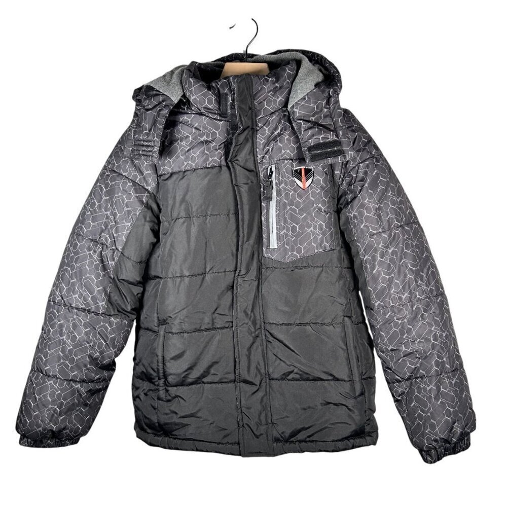 London Fog Boy’s Hooded Puffer Jacket Youth Large 14-16 Winter Coat Black Gray